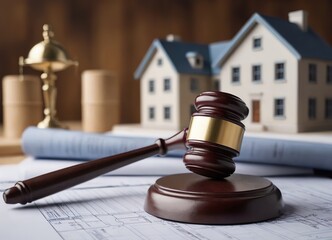 Obraz premium Labor and Construction law concept. judge gavel on building blueprint plans with a safety helmet and building model. Paper sheet with pen on wooden table. Agreement on construction law. home insurance