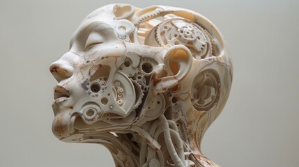 Fototapeta premium abstract sculpture of a head and neck in profile with the skin made of complex patterns incorporating gears and mechanical elements