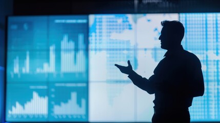 Businessman silhouette giving a virtual presentation, large screen in the background with charts and data, professional setting.