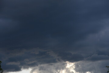 Dramatic dark storm rain clouds black sky background. Dark thunderstorm clouds rainny atmosphere. Meteorology danger windstorm disasters climate. Dark cloudscape storm disaster gloomy gray cloud sky