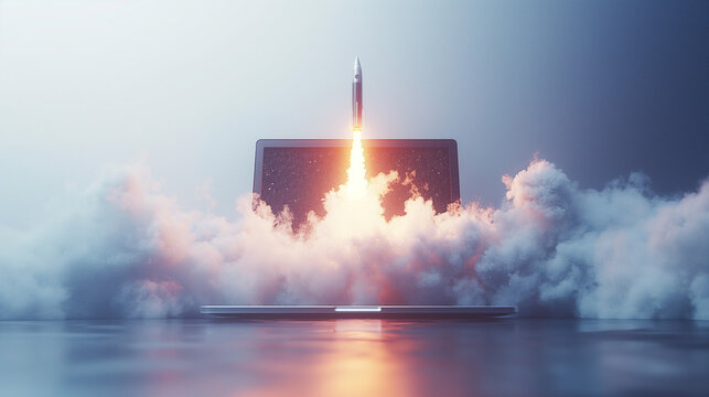 Rocket Launching from Laptop: Technology Startup Concept, Digital Innovation, Futuristic Launch, Tech-Driven Progress, Cloud Computing, Space Exploration Imagery, Modern Technology Visualization