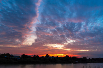 Violet purple sky in morning scenery Vibrant colorful blue sky summer time on sunrise. Natural...