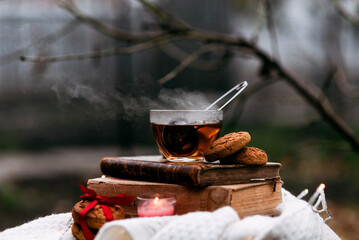 tea in a transparent cup on books, outdoors, autumn mood, steam over a cup, red ribbon, oatmeal cookies, rest, tea party