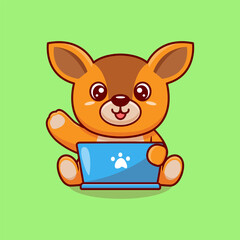 Cute baby deer working on laptop cartoon vector illustration animal technology icon concept