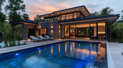 Obraz premium Pool lighting in backyard at night for family lifestyle and living area. Luxury design with good light and clean landscaping