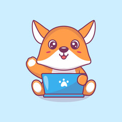 Cute fox working on laptop cartoon vector illustration animal technology icon concept