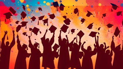 Colorful silhouettes of exuberant graduates tossing their caps against a backdrop of vibrant color splashes, representing celebratory climax of academic achievement. school university degree ceremony