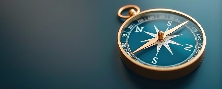 A compass with a blue face and a gold frame rests on a blue background. The compass needle points north.