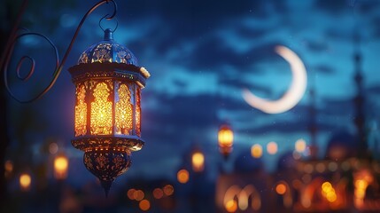 Ramadan kareem illustration with glowing lantern, moon, and arabic lantern for celebration.