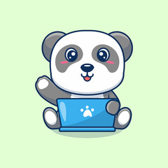 Cute panda working on laptop cartoon vector illustration animal technology icon concept