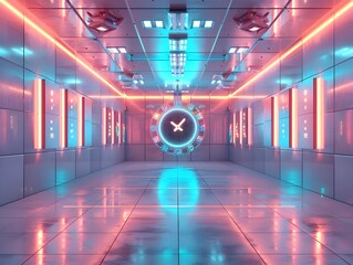 Futuristic Digital Clock With Holographic Numbers in a High Tech Minimalist Room