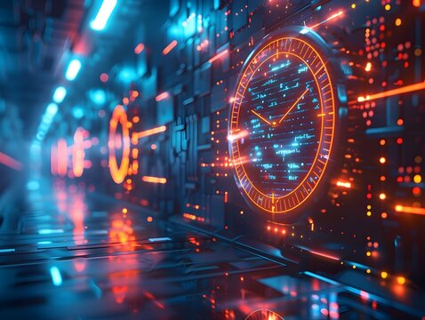 Futuristic Digital Clock with Floating Holographic Numbers in Minimalist High Tech Room