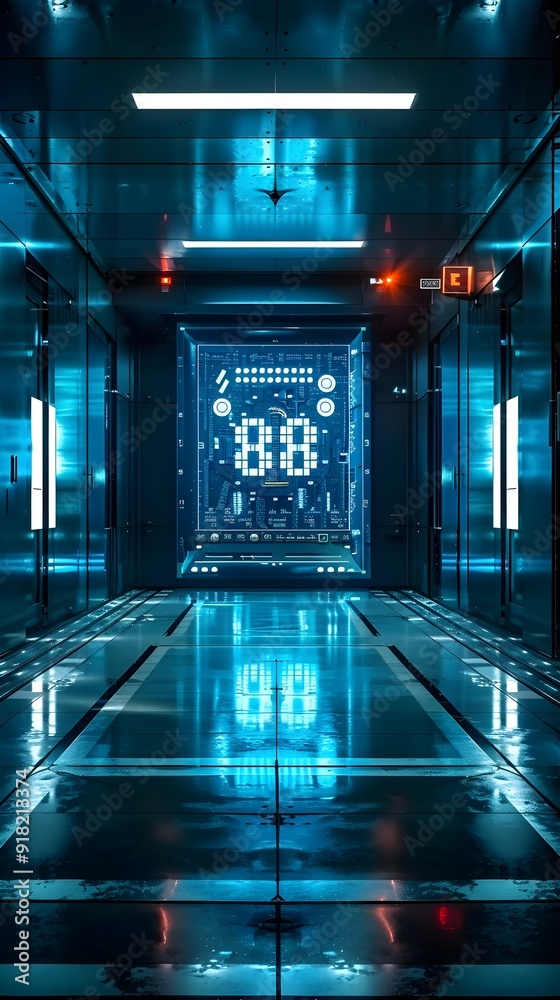 Poster digital countdown timer on futuristic control room screen with seconds ticking down