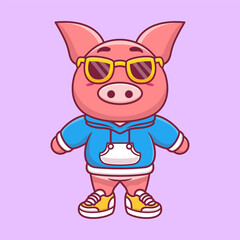 Cute pig wearing hoodie jacket and wearing glasses cartoon animal
