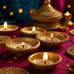 Indian festival Diwali, Diya oil lamps lit on colorful rangoli. Hindu traditional. Happy Deepavali. Copy space for text.