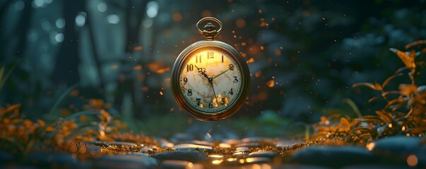 Magical Floating Pocket Watch in Mystical Dark Forest Time Concept Glowing Numbers