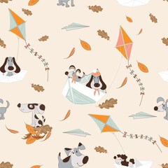 Cute fall autumn pattern with cartoon kids dogs playing in leaves, pastel colors retro style