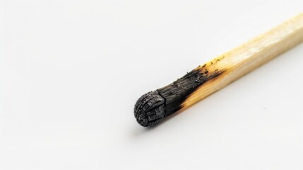 Burnt matchstick close-up on white background, symbolizing burnout, exhaustion, risk, and danger