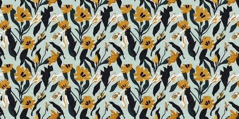 Modern printed fabric flower block print pattern with linen texture effect. Stylized boho dark floral for chic fashion background motif border design.