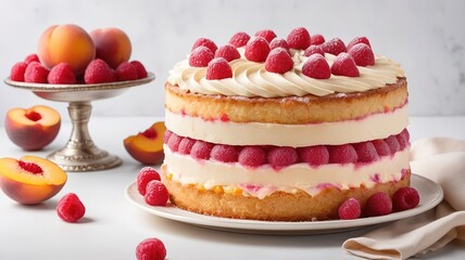 Peach raspberry cake with fruit, thin frosting, served on an elegant cream plate.