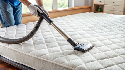 Fresh and clean mattress being vacuumed to remove dust mites for a healthier sleep environment, mattress, cleaning