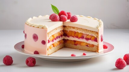 Luxurious cream plate with peach raspberry cake, fruit topping, thin frosting.