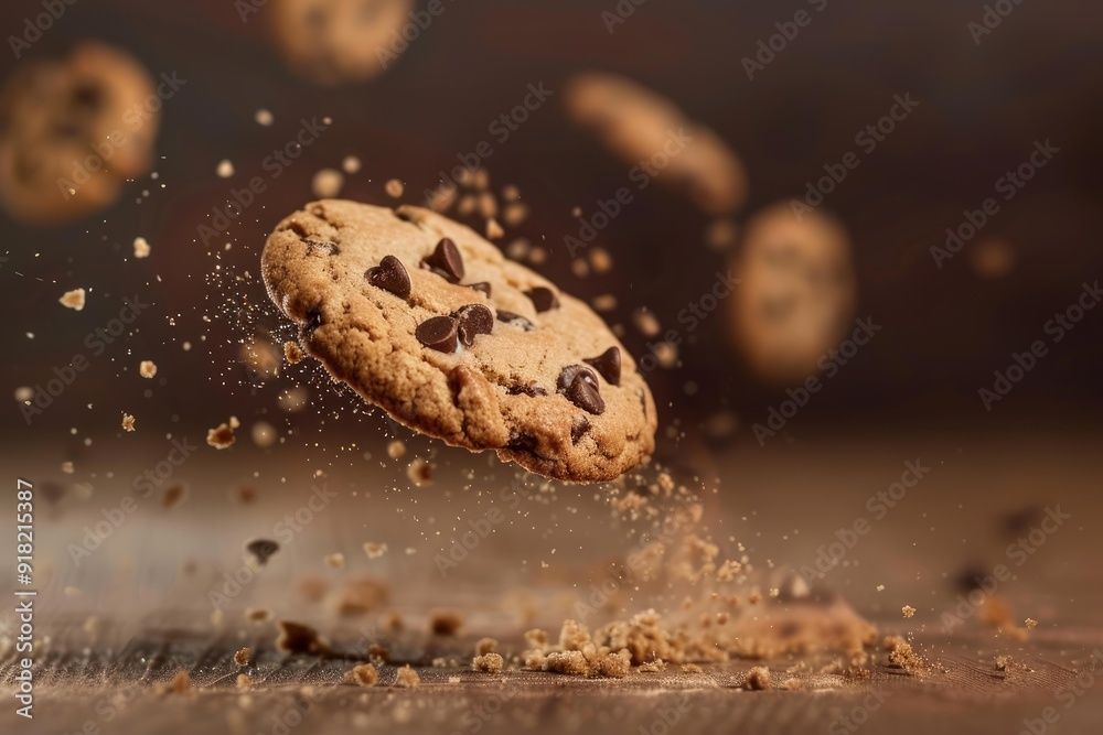 Poster a single chocolate chip cookie appears suspended in midair with crumbs scattered around it