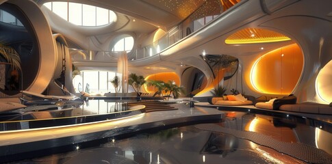 Fototapeta premium Futuristic Afrofuturism Interior Design. Blending traditional African elements with futuristic aesthetics
