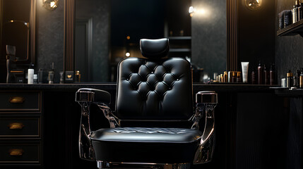 Stylish black leather barber chair in front of the mirror in the dark interior of the hairdressing salon
