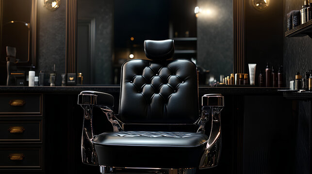 Stylish black leather barber chair in front of the mirror in the dark interior of the hairdressing salon