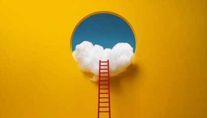 Abstract yellow background with white clouds flying out the tunnel and red ladder to cloud.  Generated image