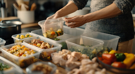 A person is preparing meals in plastic containers on the table