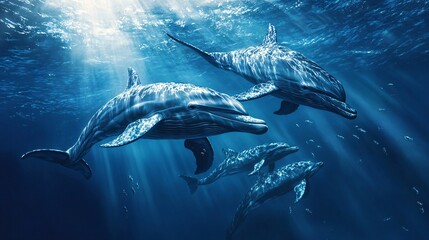 Illustrates dolphins and whales thriving in an ocean sanctuary, safe from human threats. 