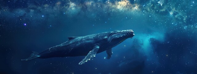 Fototapeta premium Whale swimming under a starry night sky with the Milky Way visible