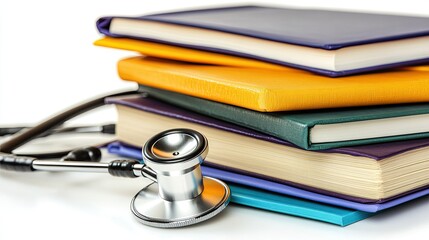 Books, folders, and a stethoscope, all isolated on a white background, symbolizing medical education.