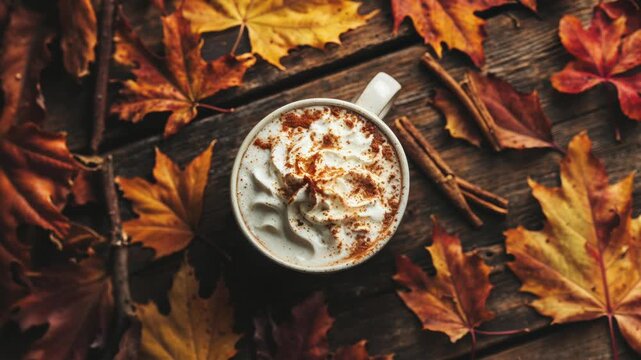 Autumn Pumpkin Spice Latte With Fall Leaves On Wooden Table