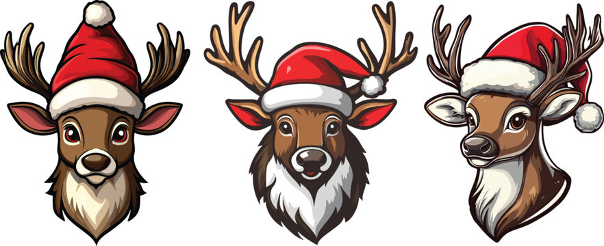 Christmas reindeer head in Christmas Santa hat isolated on Combo vector illustration and White Background