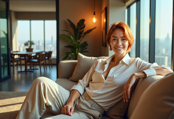 Obraz premium A photo of a penthouse homeowner person relaxing in the apartment with a skyline cityscape view