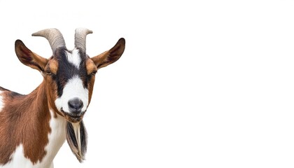 Animal concept of a brown and white billy goat with horns and beard isolated on white background with copy space representing equality or following others, independence, sacrifice for a higher goal