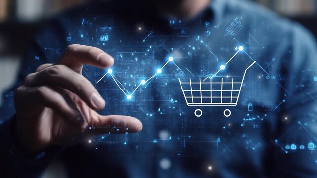 Online sales business technology concept. Digital online shopping. Digital marketing. Businessman touching growth graph and shopping cart icon on virtual screen. E-commerce marketing, Digital network 