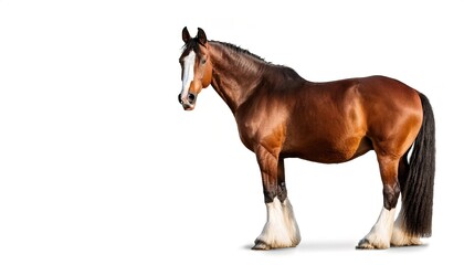 Fototapeta premium close up view of a brown Clydesdale, a Scottish breed of draught horse. isolated on white background with copy space. cute adorable farm livestock mammal animal concept