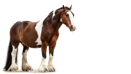close up view of a brown Clydesdale, a Scottish breed of draught horse.  isolated on white background with copy space. cute adorable farm livestock mammal animal concept