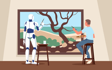 Art content creation with artificial intelligence artist assistant, AI generated artwork. Man and robot create together, painter drawing image with brush and help of cyborg cartoon vector illustration