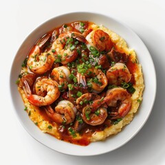 A delectable dish of shrimp scampi served over grits,