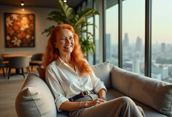 A photo of a penthouse homeowner person relaxing in the apartment with a skyline cityscape view