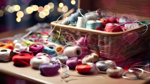 The sewing thread is messy and not neatly arranged on the sewing room table. Seamless 4K looping timelapse video animation generated AI