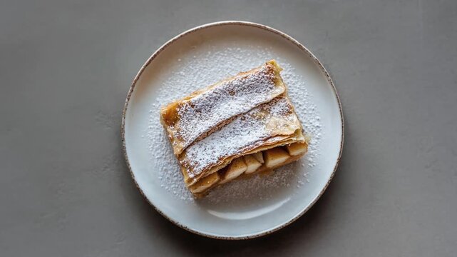 Delicious Apple Strudel Pastry on White Plate with Powdered Sugar