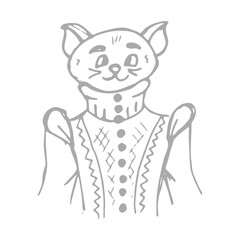 Hand drawn illustration of the cat in the suit. Halloween doodle vector illustration for kids coloring page 