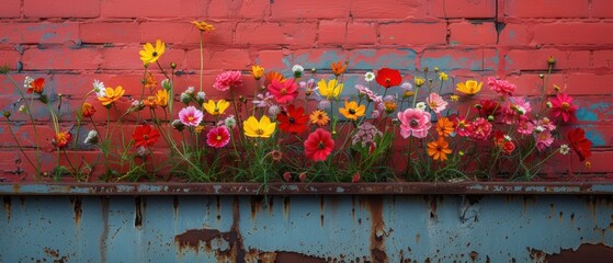 A vibrant bouquet of wildflowers bursting through a brick wall, urban decay transformed.