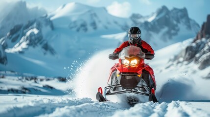 Adventurous Snowmobiler Riding Through Pristine Snowy Mountains on a Sunny Winter Day